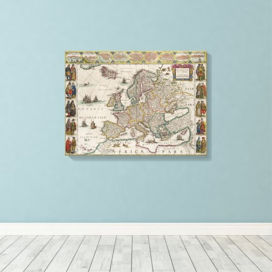 Medieval Map of Europe (door Willem Blaeu) Canvas Afdruk (Insitu (Houten vloer))