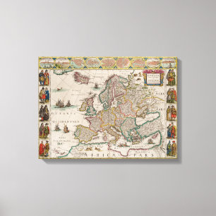 Medieval Map of Europe (door Willem Blaeu) Canvas Afdruk