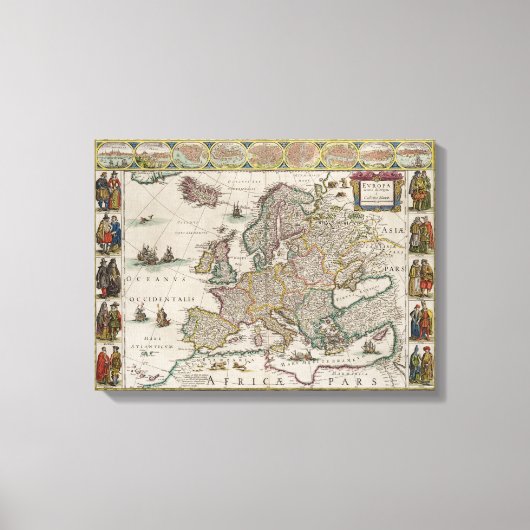 Medieval Map of Europe (door Willem Blaeu) Canvas Afdruk (Voorkant)