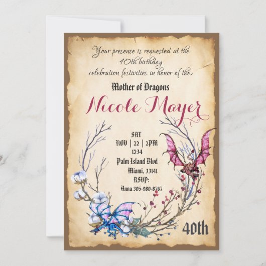 Medieval moeder van Dragon 40th Birthday Invitatio Kaart (Voorkant)