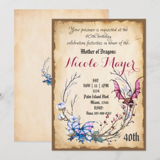Medieval moeder van Dragon 40th Birthday Invitatio Kaart (Voorkant / Achterkant)