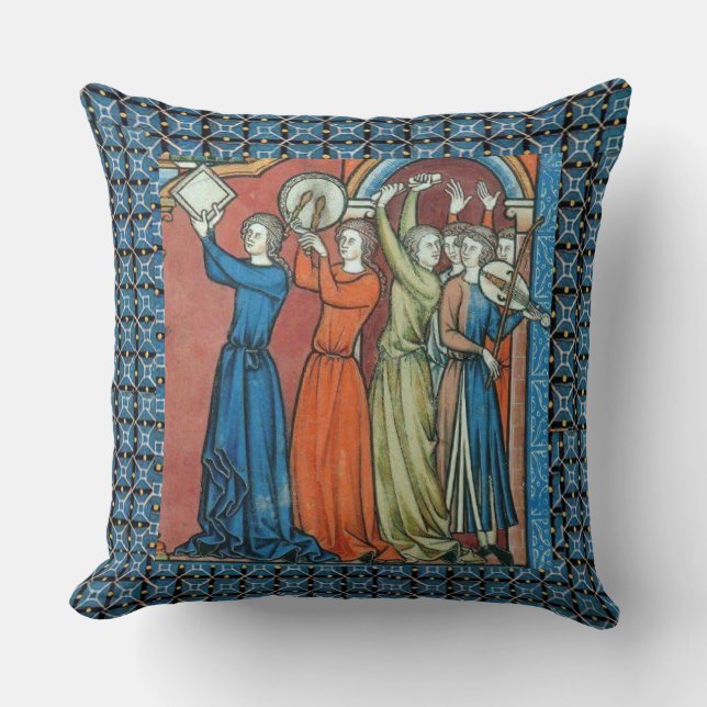 Medieval musicians pillow with blue background kussen (Voorkant)