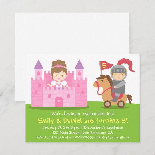 Medieval Princess en Knight Twins Birthday Party Kaart (Voorkant / Achterkant)