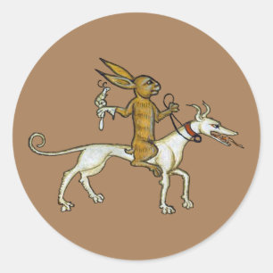 Medieval Rabbit Riding Dog and Holding Snagel Ronde Sticker