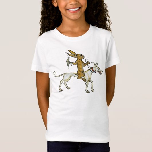 Medieval Rabbit Riding Dog and Holding Snagel T-shirt (Voorkant)
