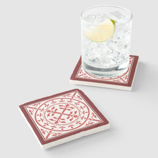 Medieval Red White Marble Wreath Leaves Romanesque Stenen Onderzetter (Zijkant)