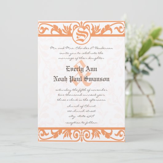 Medieval Renaissance Coral Damask Gray Wedding Kaart (Staand voorkant)