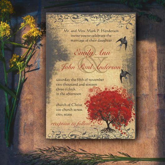 Medieval Renaissance Red Tree  Bird Wedding Kaart