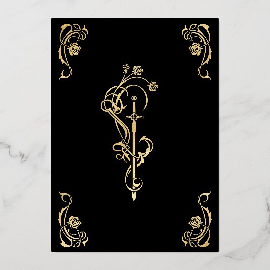 Medieval Royal Roses Sword Wedding Invitation Folie Uitnodiging (Achterkant)