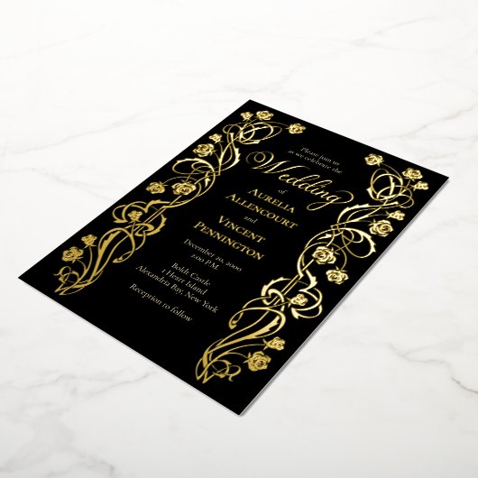 Medieval Royal Rozen Sword Wedding Invitation Folie Uitnodiging (Gedraaid)