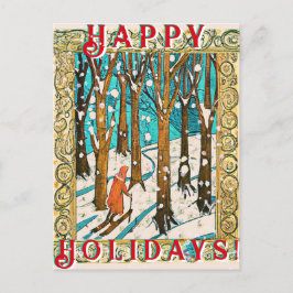 Medieval Skiing Winter Prettige feestdagen Briefkaart
