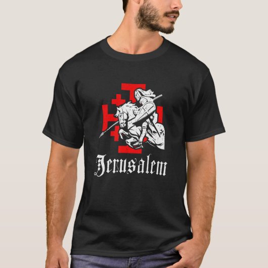 Medieval Templar Knight op War Horse Jerusalem Cro T-shirt (Voorkant)