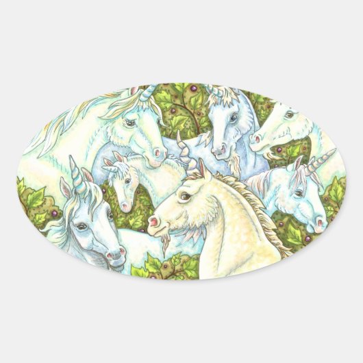 MEDIEVAL UNICORN HERD, HORSES, STALLION Fantasy Ovale Sticker (Voorkant)