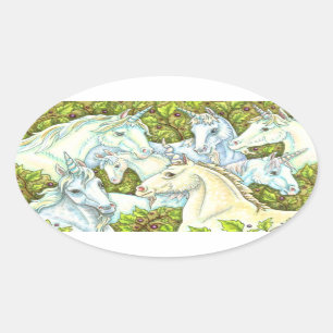 MEDIEVAL UNICORN HERD, HORSES, STALLION Fantasy Ovale Sticker