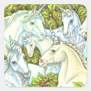 MEDIEVAL UNICORN HERD, HORSES, STALLION Fantasy Vierkante Sticker