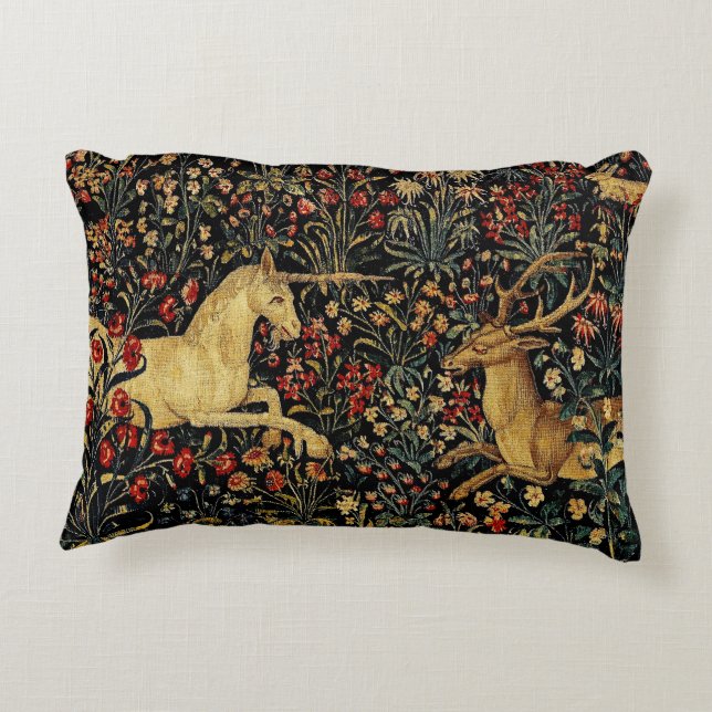 Medieval Unicorn Midnight Floral Garden Accent Kussen (Achterkant)