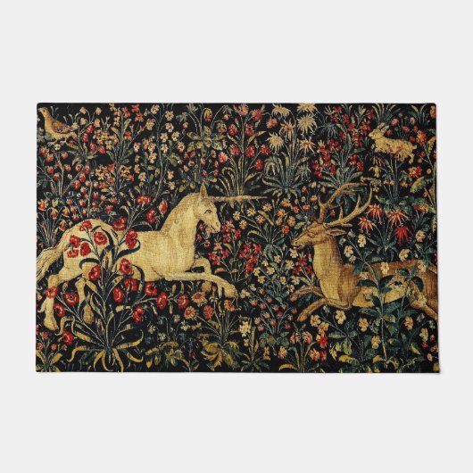 Medieval Unicorn Midnight Floral Garden Deurmat (Voorkant)