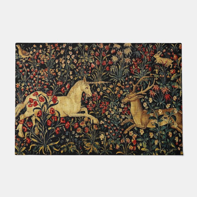 Medieval Unicorn Midnight Floral Garden Deurmat (Voorkant)