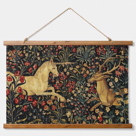 Medieval Unicorn Midnight Floral Garden Hangend Wandkleed (Voorkant)