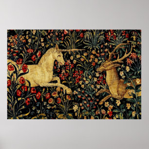Medieval Unicorn Midnight Floral Garden Hanging Poster