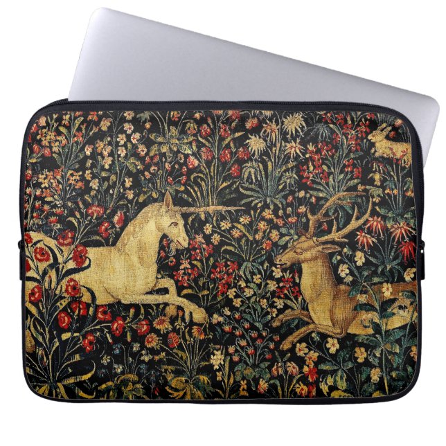 Medieval Unicorn Midnight Floral Garden Laptop Sleeve (Voorkant)