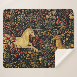 Medieval Unicorn Midnight Floral Garden Sherpa Deken
