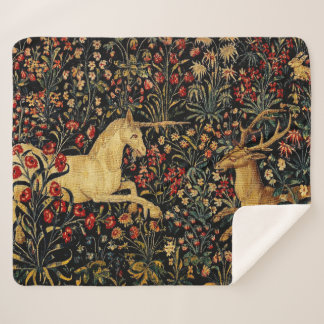 Medieval Unicorn Midnight Floral Garden Sherpa Deken