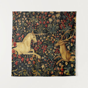 Medieval Unicorn Midnight Floral Garden Wandkleed
