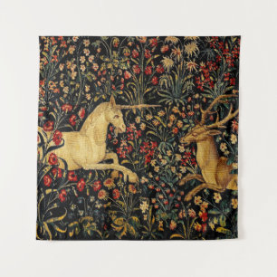 Medieval Unicorn Midnight Floral Garden Wandkleed