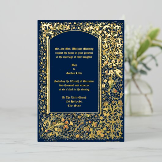 Medieval verlichte vogels en bloemen huwelijk folie uitnodiging (Staand Voorkant)