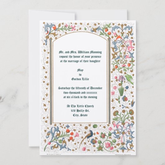 Medieval verlichte vogels en bloemen huwelijk kaart (Voorkant)