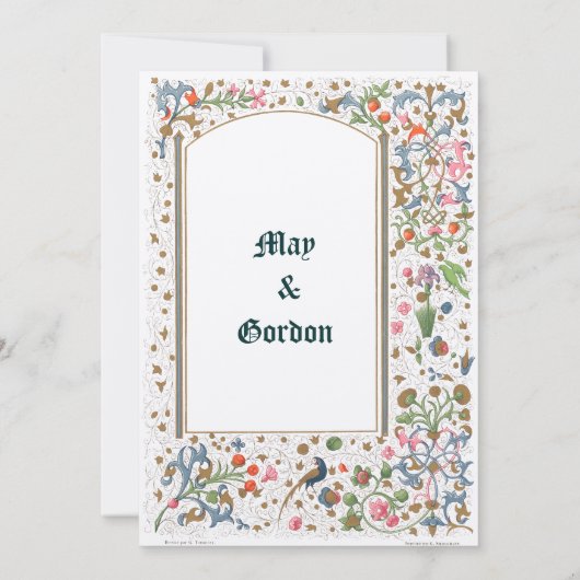 Medieval verlichte vogels en bloemen huwelijk kaart (Achterkant)