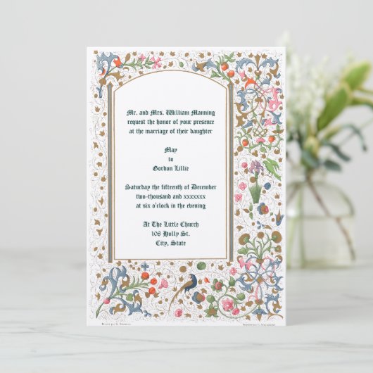 Medieval verlichte vogels en bloemen huwelijk kaart (Staand voorkant)