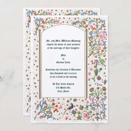 Medieval verlichte vogels en bloemen huwelijk kaart (Voorkant / Achterkant)