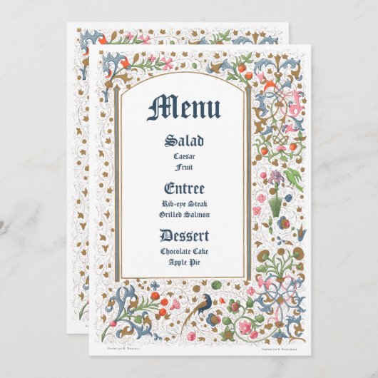 Medieval verlichte vogels en bloemen huwelijk menu (Voorkant / Achterkant)