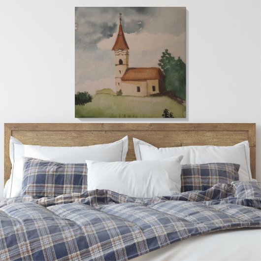 Medieval Waterverf van de Engelse kerk Canvas Afdruk (Insitu (Slaapkamer))