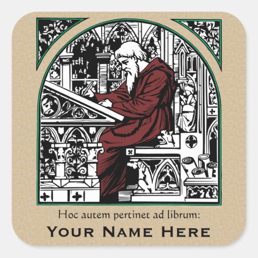 Medieval Writing Desk en Monk Bookplate Vierkante Sticker (Voorkant)