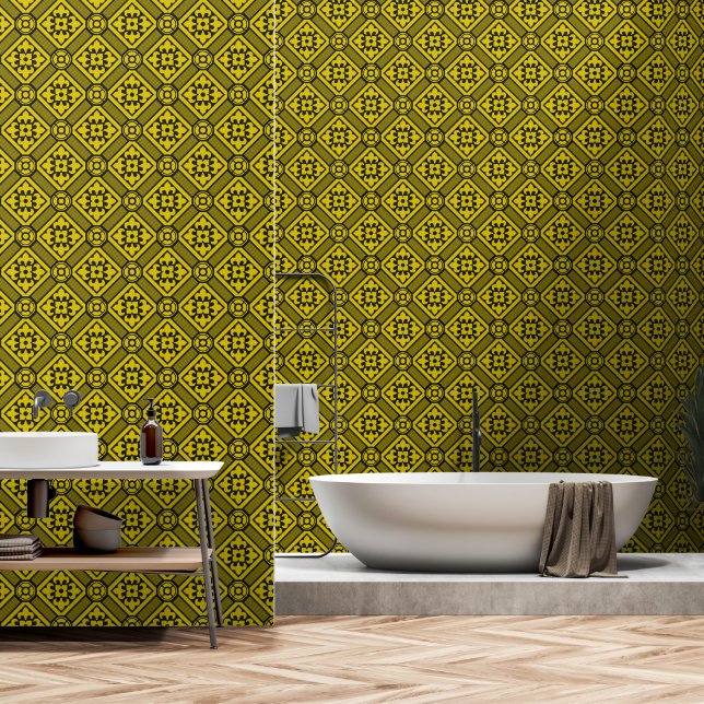 Medieval Yellow Black Lilies Romanesque Pattern Behang (Badkamer)