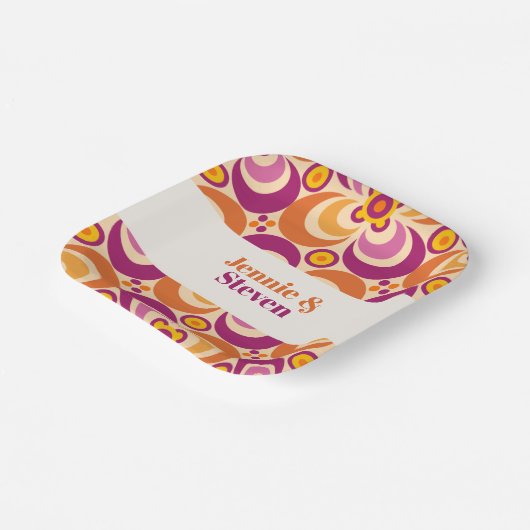 Medio eeuw geometrisch bloemig Paarse Sinaasappel Papieren Bordje (Gebogen)