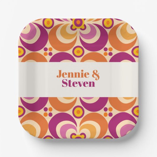 Medio eeuw geometrisch bloemig Paarse Sinaasappel Papieren Bordje (Voorkant)