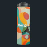 Medio eeuw Modern Art Monogram of naam, geometrisc Thermosbeker<br><div class="desc">Een modern schilderij uit het midden van de eeuw in verschillende geometrische vormen in rood,  blauwgroen,  sinaasappel,  zwart en groen met gedurfd wit monogram of naam.</div>
