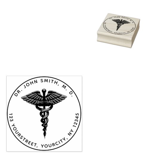 Medisch 3D-Caduceus-symbool Ronde retouradres Rubberstempel (Gestempeld)