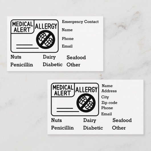 Medisch Alert Allergie Noodsituatie Personaliseren Visitekaartje (Voorkant / Achterkant)