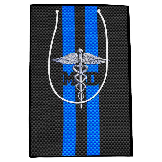 Medisch arts MD Caduceus op blauwe strepen Medium Cadeauzakje (Voorkant)