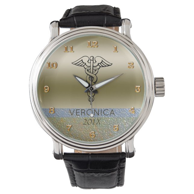 Medisch Caduceus Symbool | Verpleegkundigen RN Gol Horloge (Voorkant)