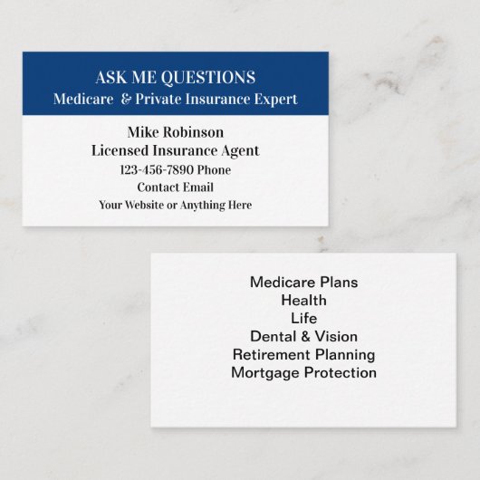 Medisch en Medicare Verzekeringsvertegenwoordiger Visitekaartje (Voorkant / Achterkant)