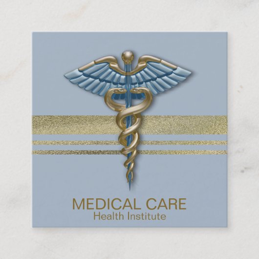 Medisch Faux Gold Foil Stripes Caduceus Light Blue Vierkante Visitekaartje (Voorkant)