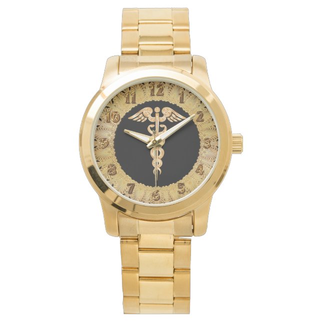 Medisch goud glanzend silhouet alert badge horloge (Voorkant)