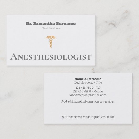 Medisch goud, grijs witte anesthesioloog visitekaartje (Voorkant / Achterkant)