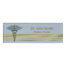 Medisch gouden Folie Stripes Light Blue Caduceus Naambadge